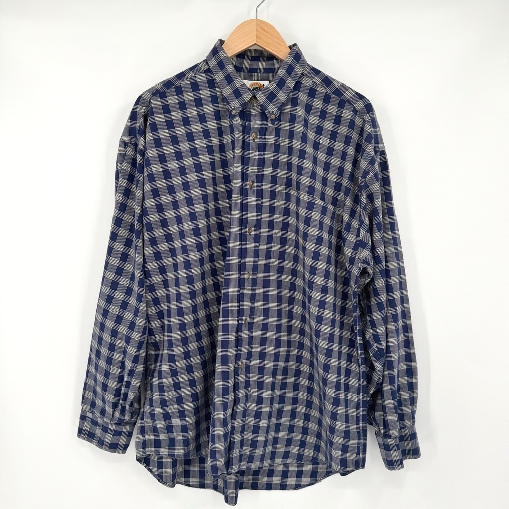 Field Gear 90s Mens XL Blue White Plaid Button Down Shirt Long Sleeve Cotton